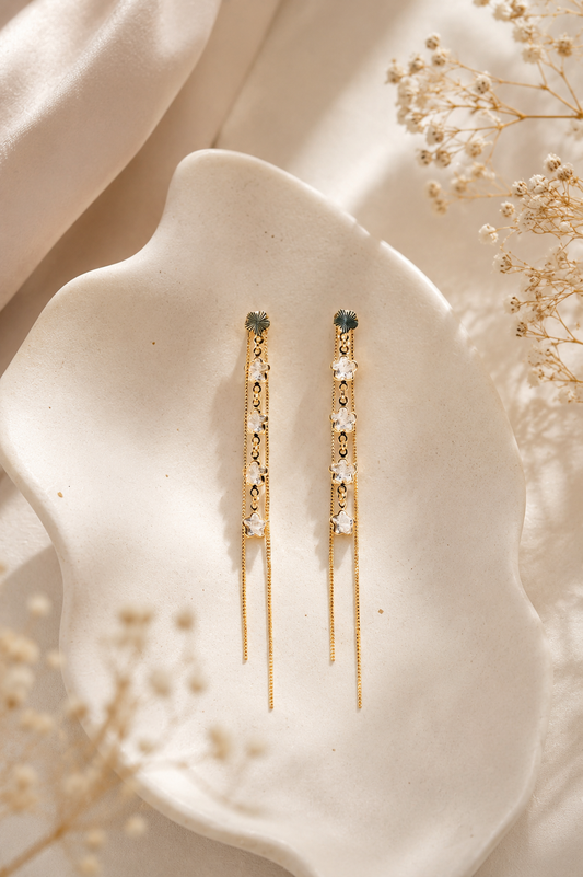 Ethereal Blossom Cascading Drop Earrings – 18K Gold-Plated Celestial Floral Elegance
