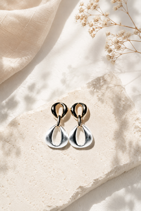Dual-Tone Sculptural Drop Earrings – 18k Gold Plated