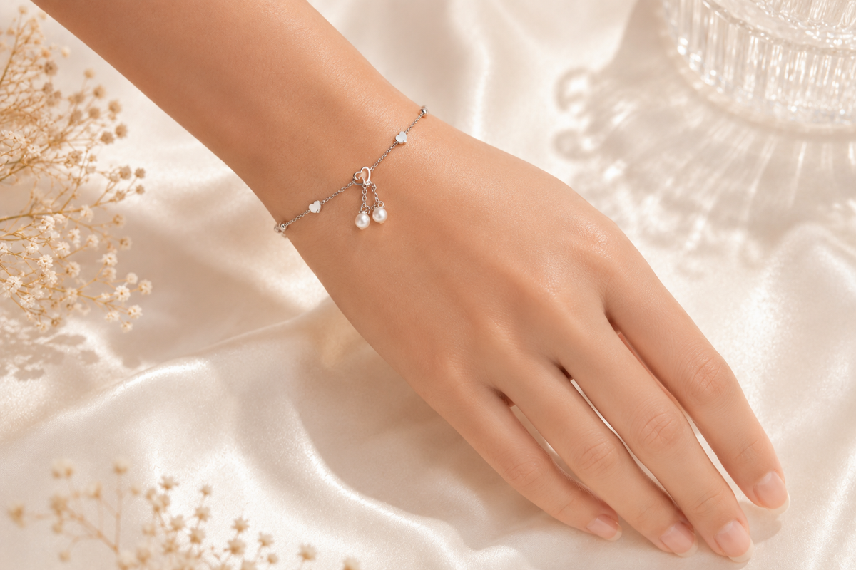 Celestial Romance: The Pearl & Heart Keepsake Bracelet – 925 Sterling Silver