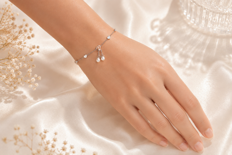 Celestial Romance: The Pearl & Heart Keepsake Bracelet – 925 Sterling Silver