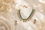 Verdant Leaf Heirloom: 18k Gold-Plated Emerald Crystal Necklace & Earring Set