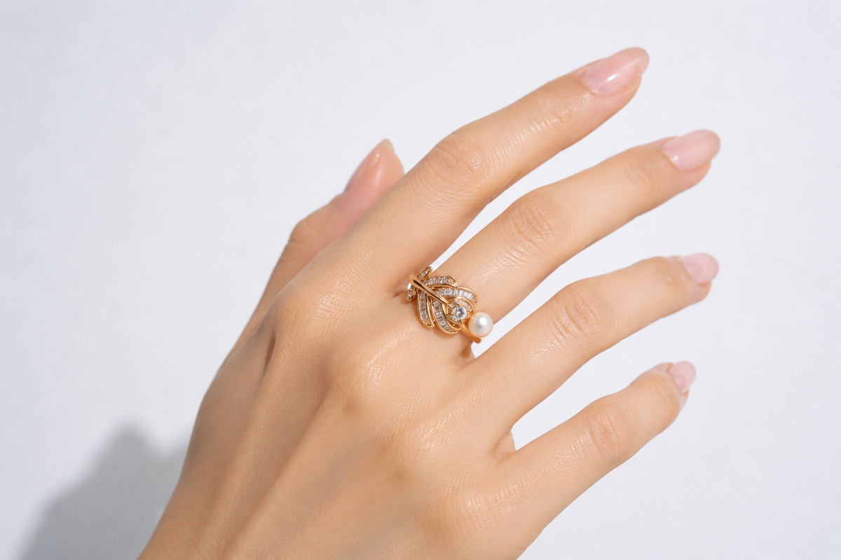 The "Gilded Feather" Pearl & Baguette Statement Ring