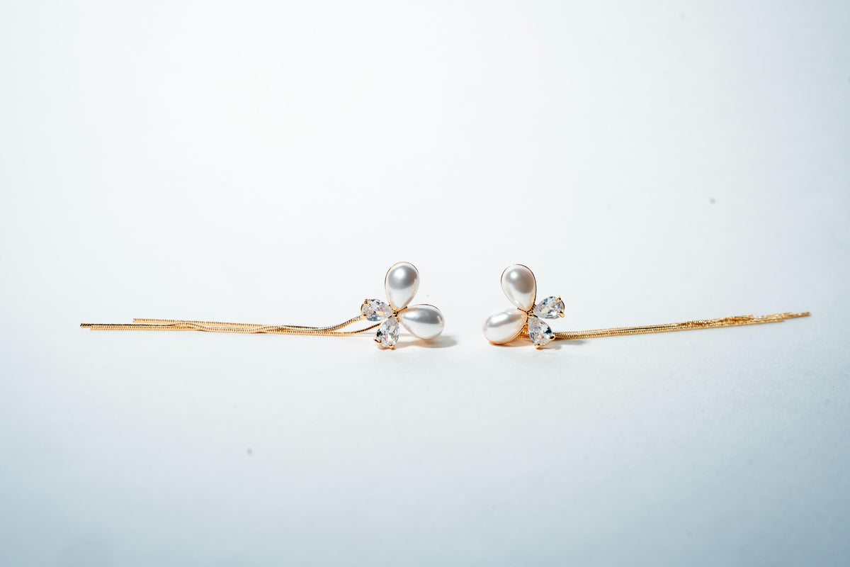 Petal Bloom Pearl & Crystal Drop Earrings – 18K Gold Plated